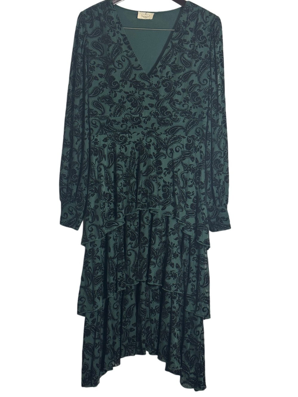 NWOT Ember Hunter Green Velvet Paisley Tiered Dress Large Boho Romantic